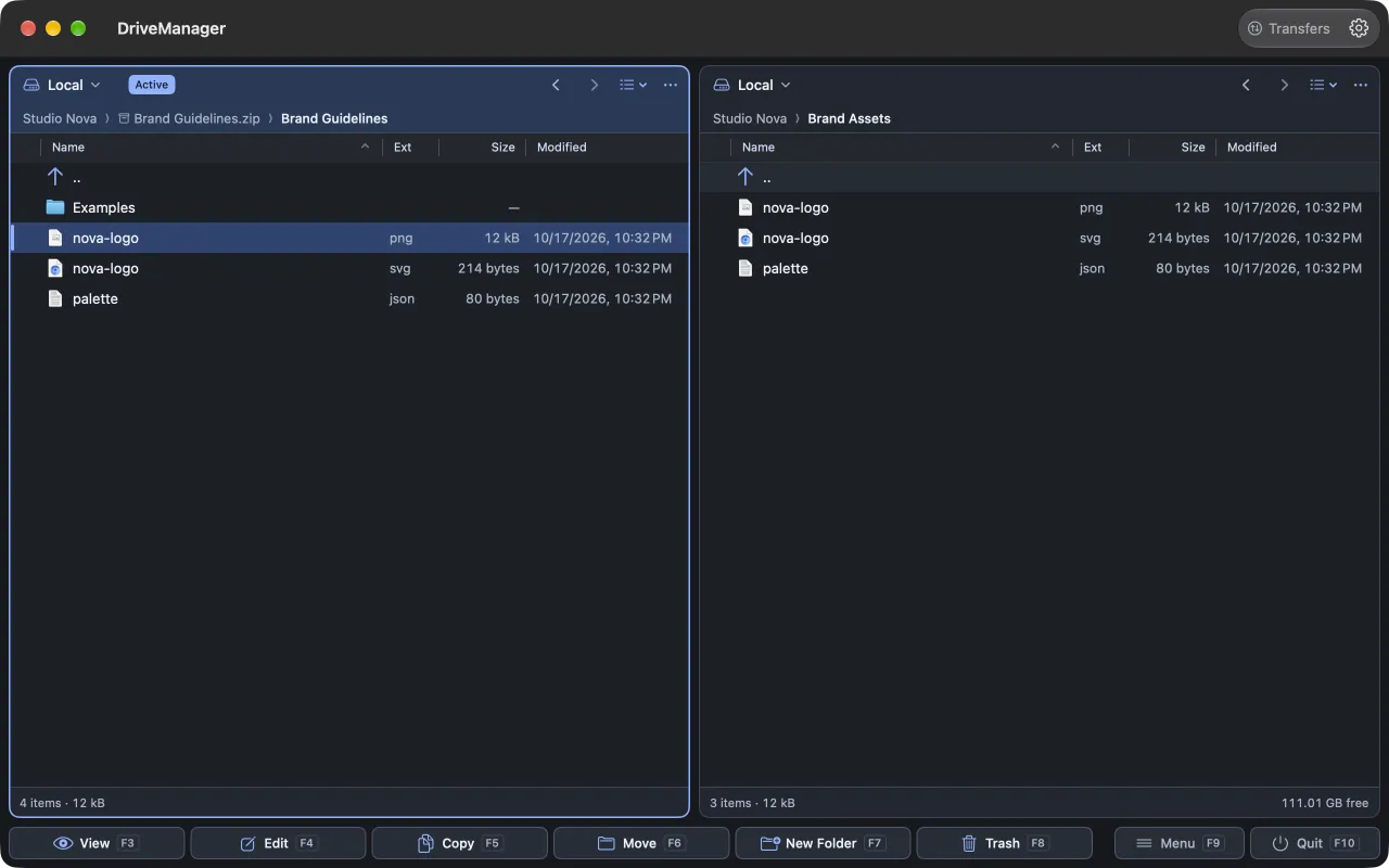 A ZIP archive browsed like a folder in the left panel