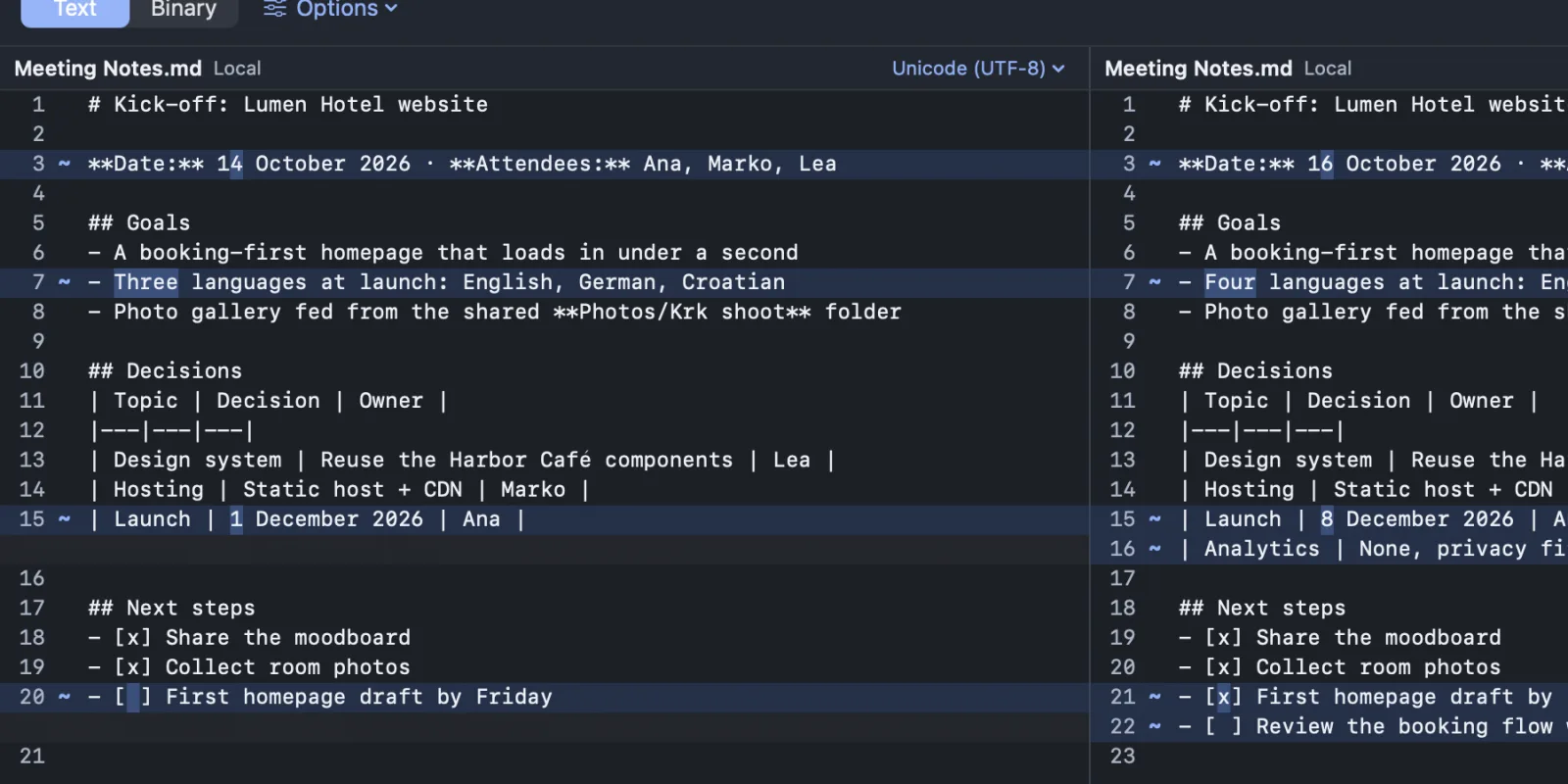 File compare: two versions of meeting notes side by side, with changed words highlighted