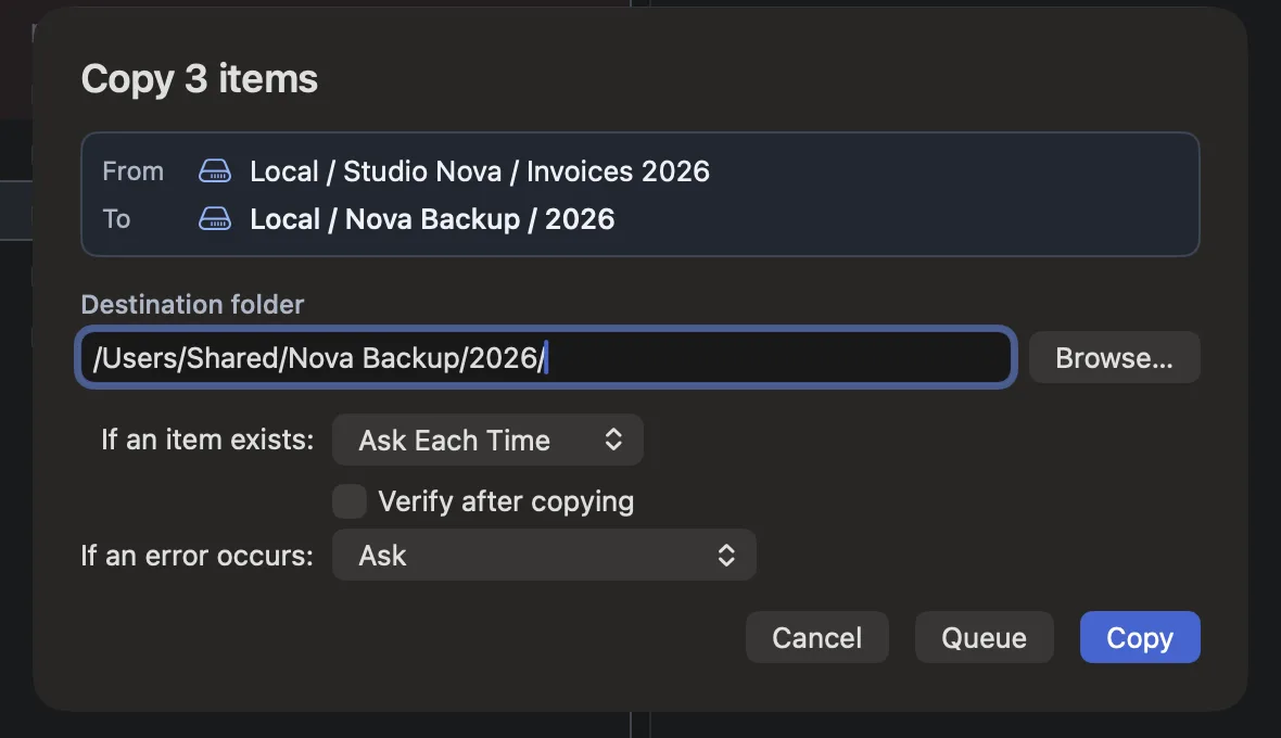 The Copy dialog: from Studio Nova / Invoices 2026 to Nova Backup / 2026, with an editable destination