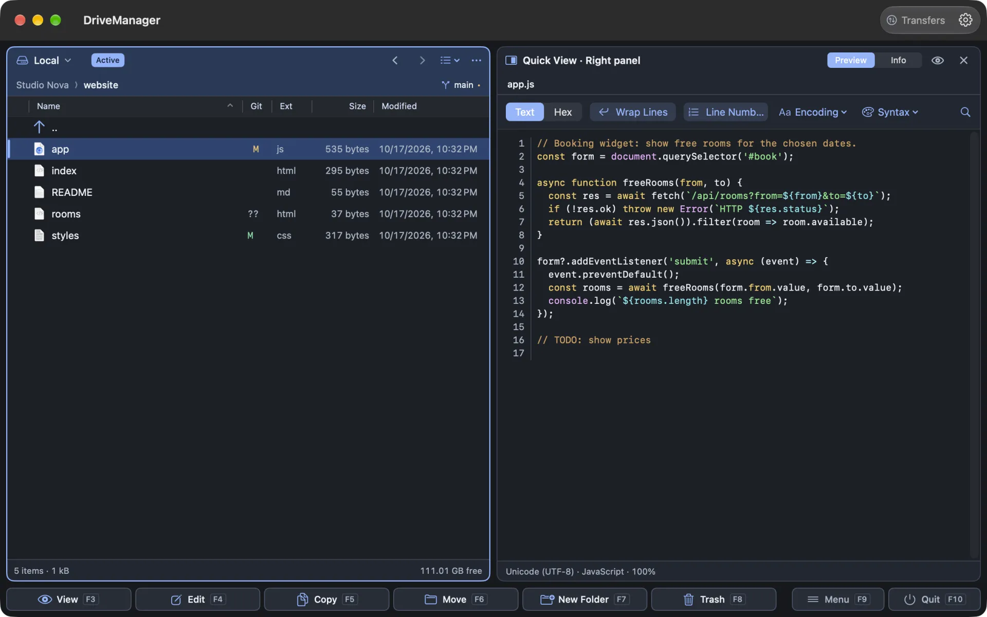 A Git repository: M and ?? status letters per file, the main branch in the header, and app.js with syntax colouring in Quick View