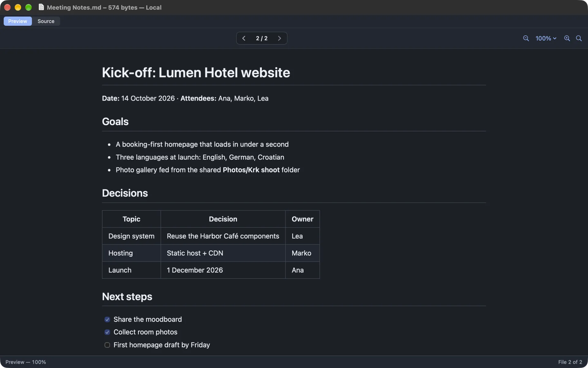 Markdown viewer: meeting notes rendered with headings, a table and a checklist