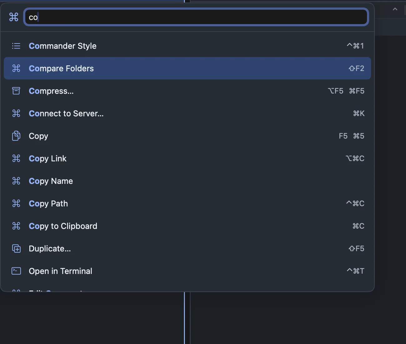 The command palette: typing “co” lists Compare Folders, Compress, Connect to Server and Copy, each with its shortcut