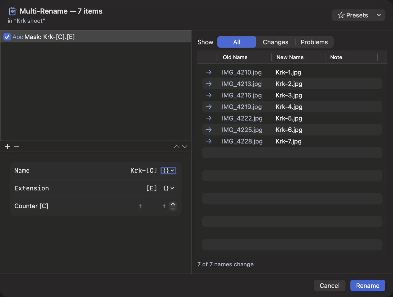 Multi-Rename: the mask Krk-[C] turns seven photo names into Krk-1.jpg to Krk-7.jpg in the live preview