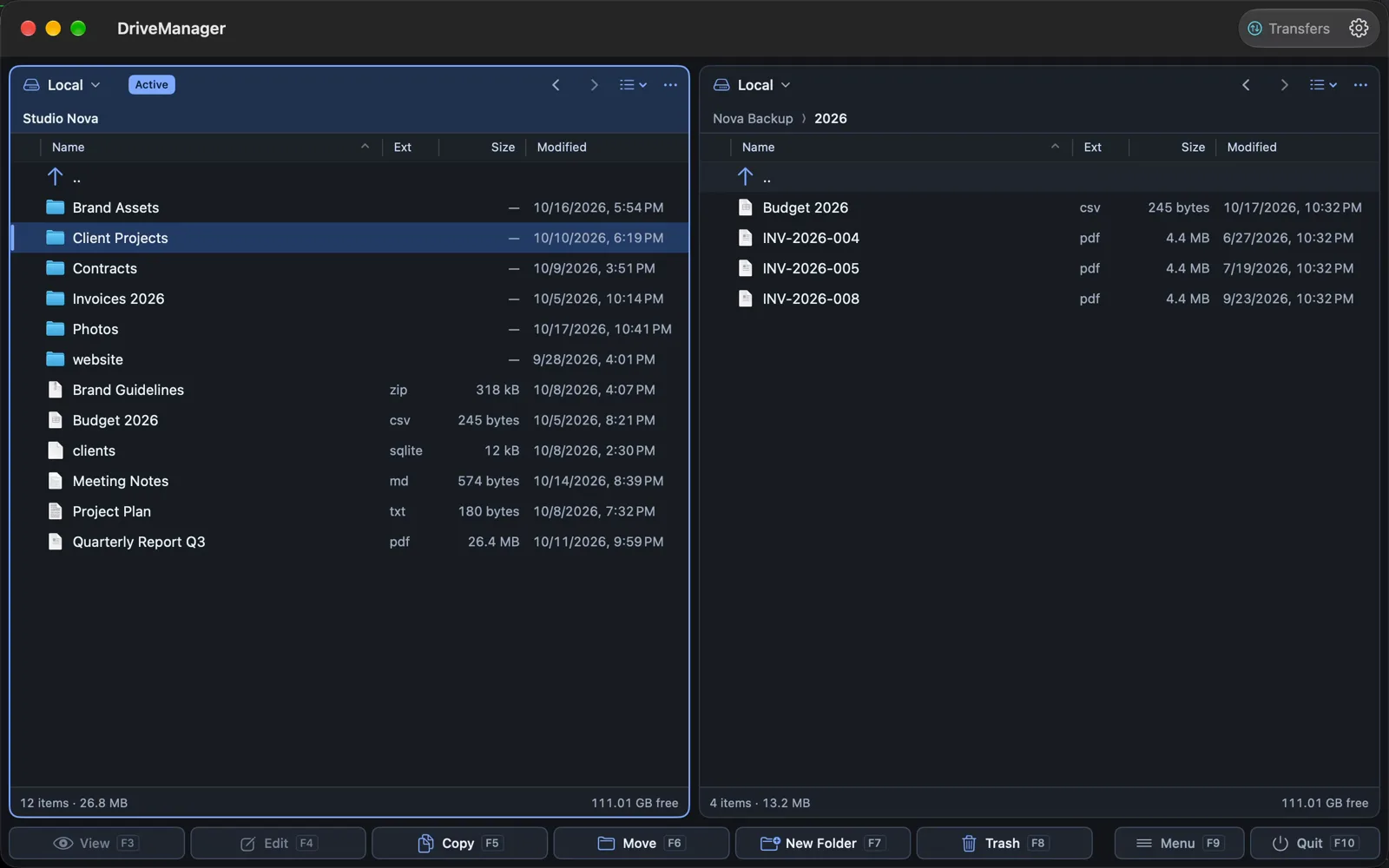 Recording: three invoices marked with Space, F5 opens the Copy dialog, the files appear in the backup panel